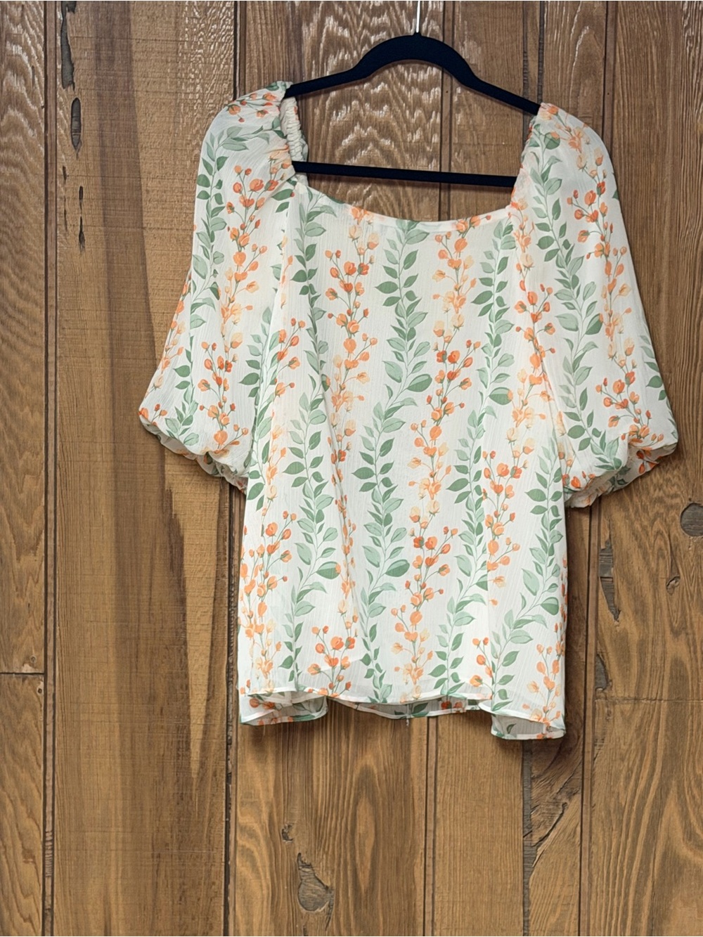 Square-Neck Puff-Sleeve Blouse in White‎ with Orange Floral & Green Leaves - Picture 6 of 6